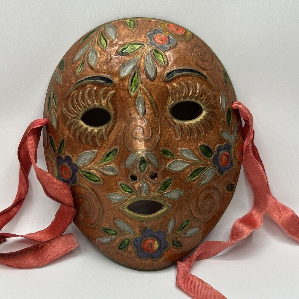 Vintage Enamel on Solid Brass‎ Mardi Gras Mask Face Ribbons Disintegrating 8"